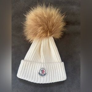 Moncler Baby/Toddler White Ribbed Beanie with Tan Pom Pom